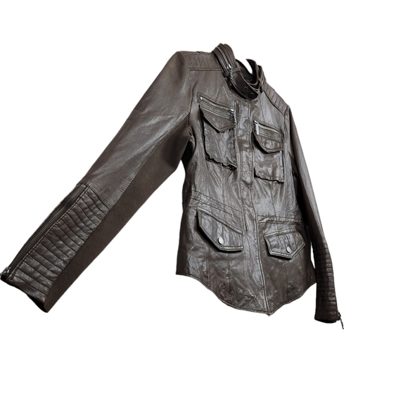 BCBGMaxAzria Olive 100% Leather Moto Biker Leather Jacket Women's Size Large - Picture 2 of 9
